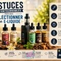 Illustration de plusieurs flacons d’e-liquides aux saveurs variées disposés autour d’une cigarette électronique moderne, avec des fruits, notes gourmandes et feuilles de menthe dans une ambiance lumineuse et accueillante, accompagnée du titre « Astuces incontournables pour bien sélectionner son e-liquide »