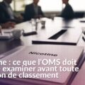 Dossier portant le mot nicotine posé sur une table de réunion institutionnelle