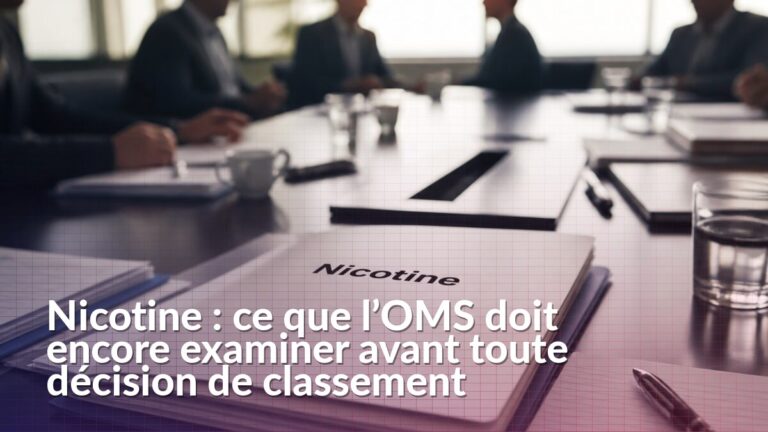 Dossier portant le mot nicotine posé sur une table de réunion institutionnelle
