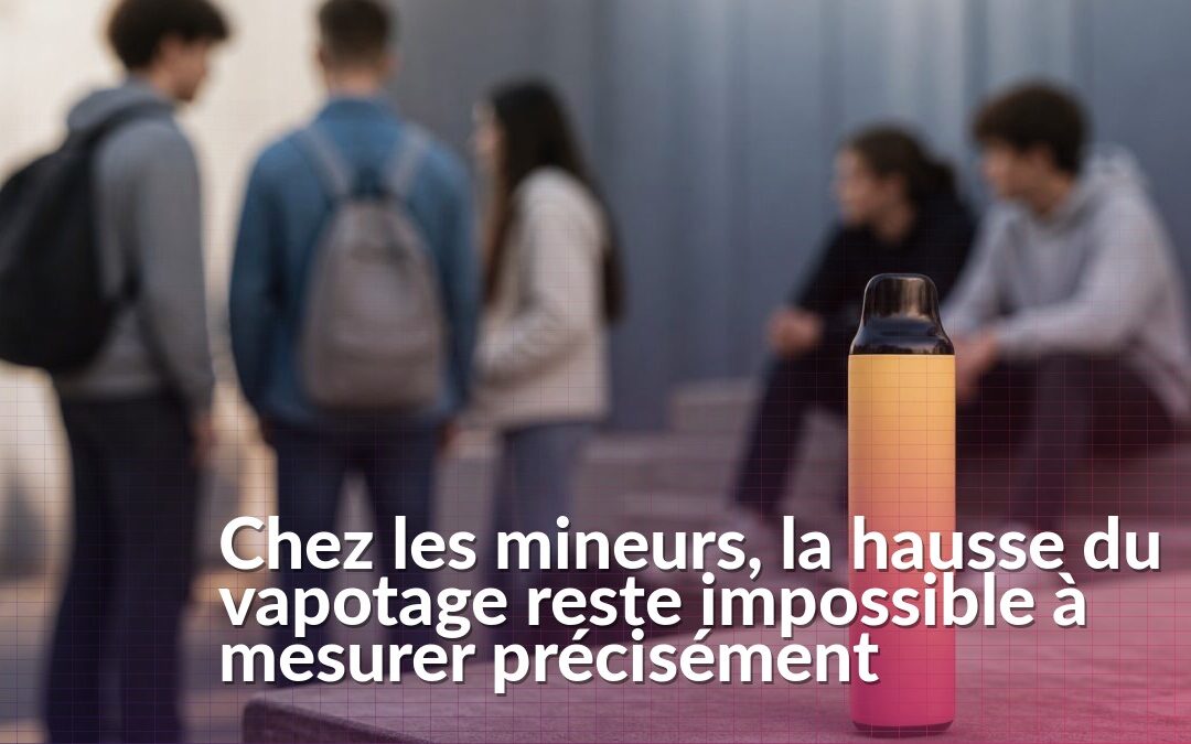 Illustration éditoriale montrant une cigarette électronique de type puff devant des silhouettes de jeunes, sans utilisation du produit