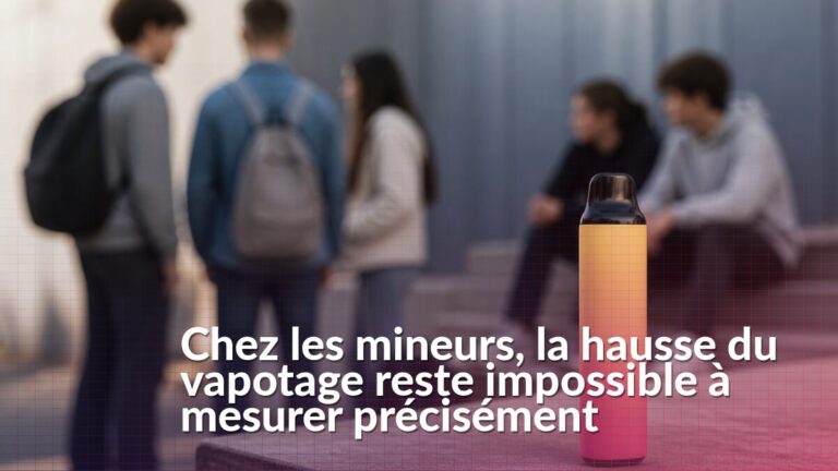 Illustration éditoriale montrant une cigarette électronique de type puff devant des silhouettes de jeunes, sans utilisation du produit