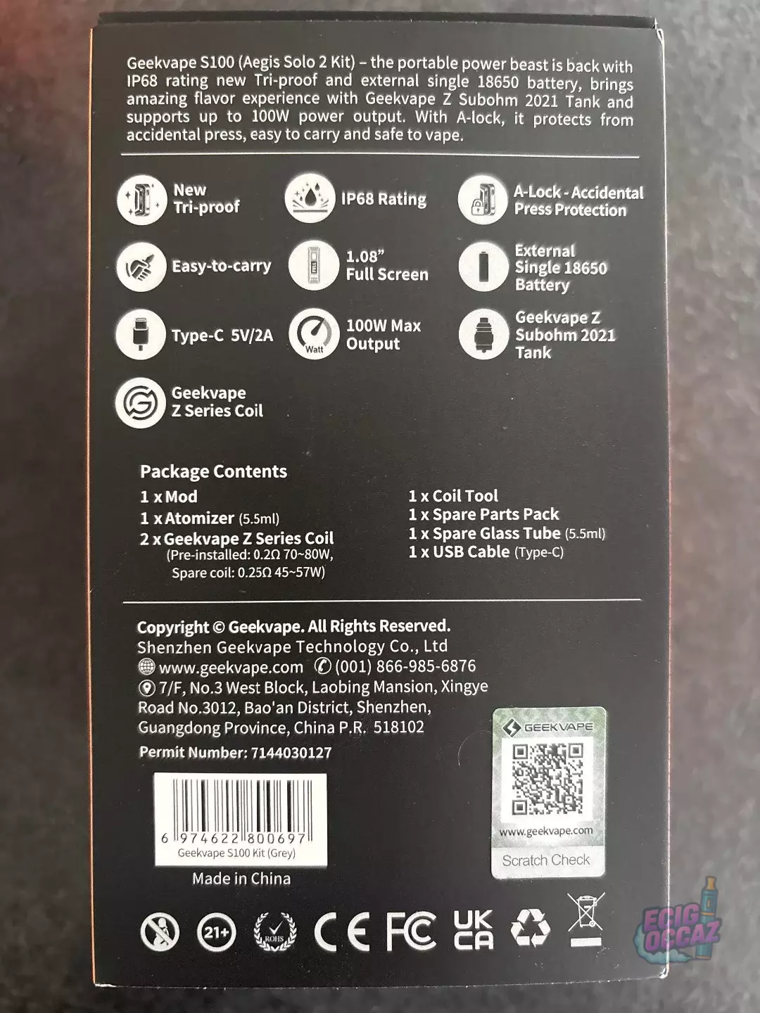 Kit complet Geekvape S100 avec 1 accu 18650, joints, résistances