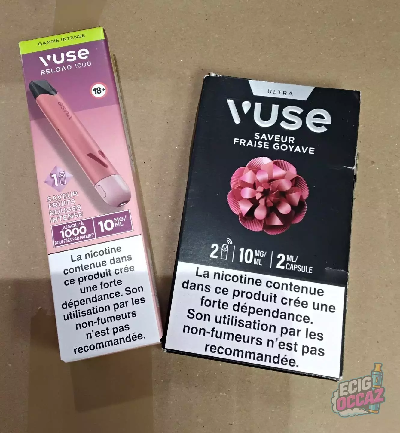 1 kit Reload 1000 – saveur Fruits rouges intenses, 10 mg/ml  + 1 pack de 2 pods Vuse Ultra – 10 mg/ml, saveur au choix
