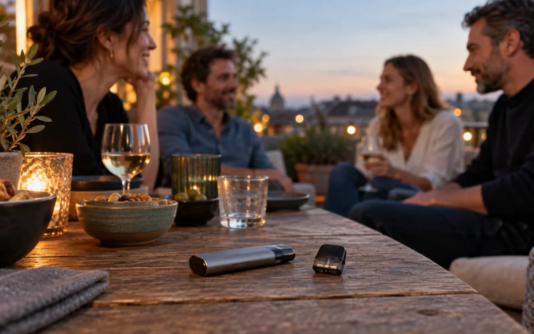 Soirée entre adultes avec un appareil de vapotage rechargeable et sa cartouche posés sur une table