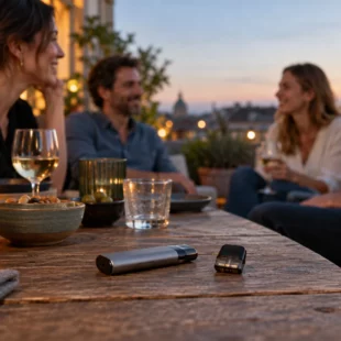 Soirée entre adultes avec un appareil de vapotage rechargeable et sa cartouche posés sur une table