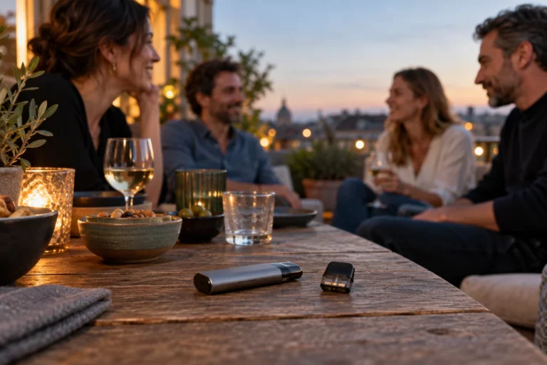 Soirée entre adultes avec un appareil de vapotage rechargeable et sa cartouche posés sur une table