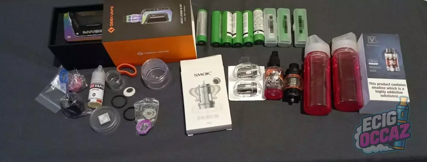 Lot complet Vape – Kit Geekvape Aegis Legend 3 (Boîte Complète d&rsquo;origine) + SMOK TFV16 + Mega Pack 11 Accus & E-liquides